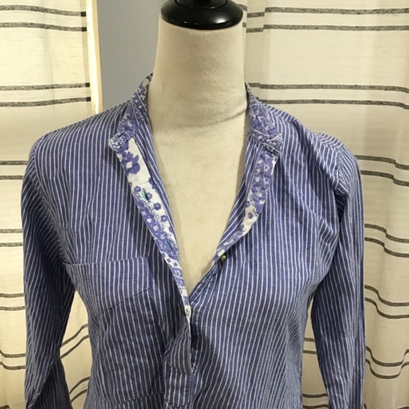 Liza Byrd Women’s Size Small Blue White Stripe 1/2 Gold Button Front Tunic Top - Picture 7 of 10